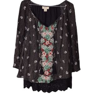 Style & Co Ruffle Boho Top - Size large - Black, Floral, cotton